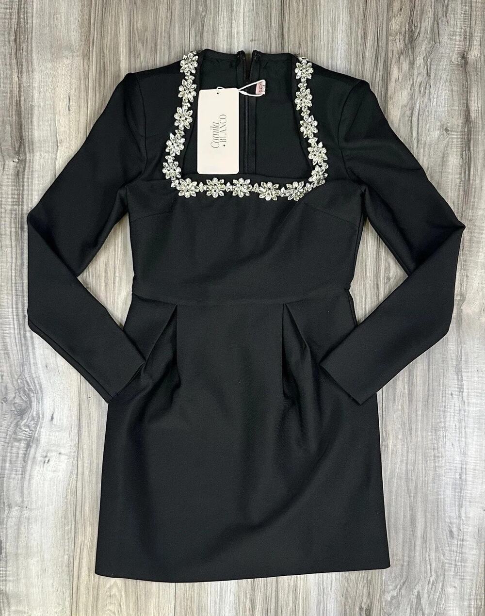 Camila Blanco Mini Dress Black Velvet Crystal Floral Trim Square Neck Womens 4